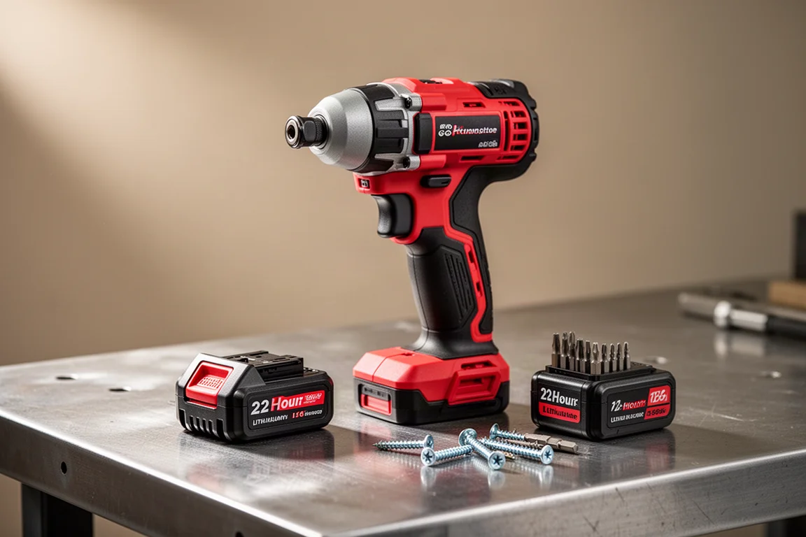 Compact impact driver standing on a workbench beside a small battery pack