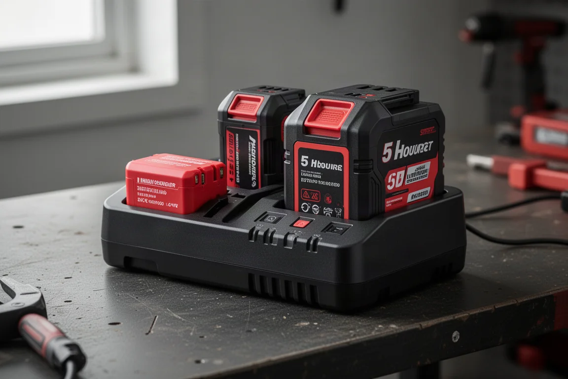 Dual-port battery charger with one large and one small battery pack installed