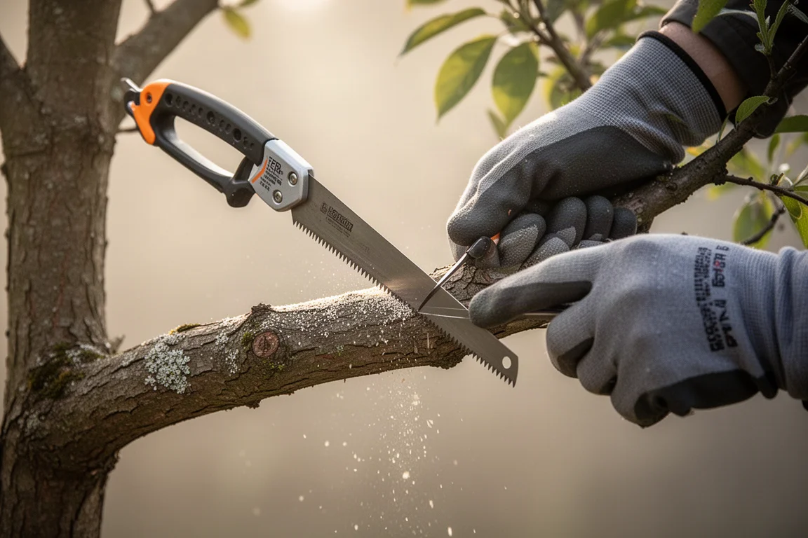 Arboricoltore che pota un ramo basso di un albero nella soffice luce del mattino
