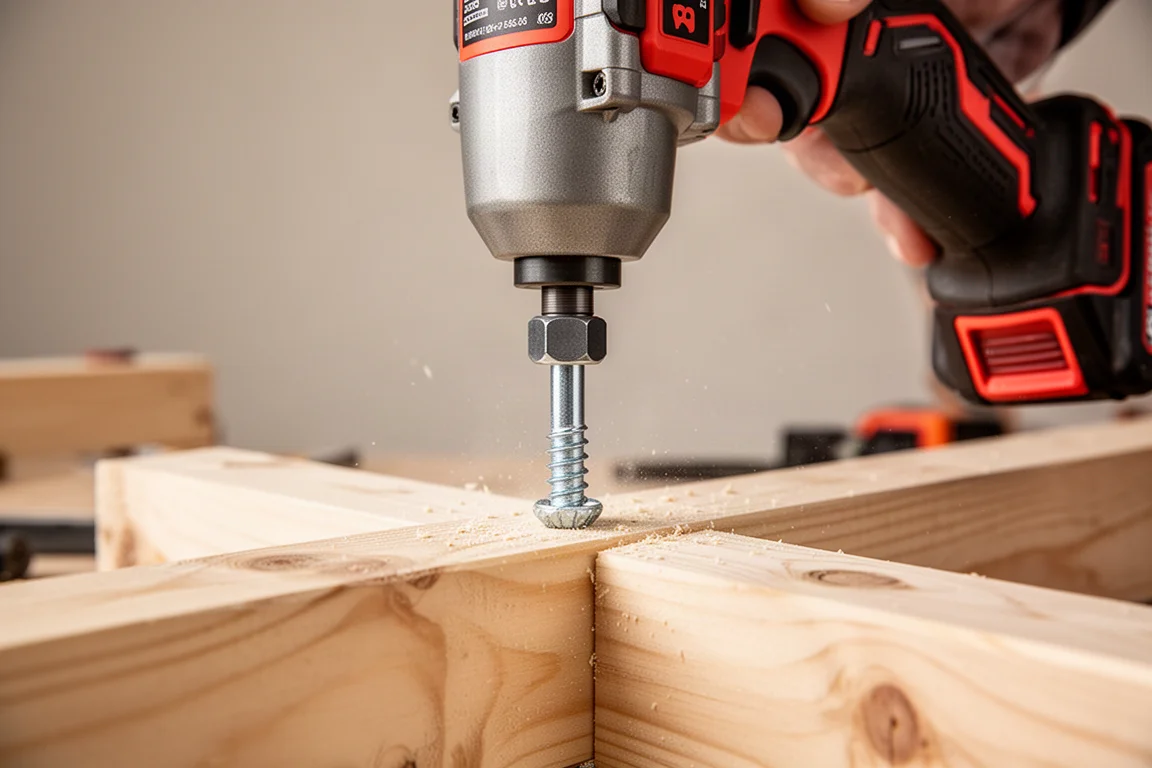 Impact wrench inalámbrico atornillando un gran tirafondo en una viga de madera de pino