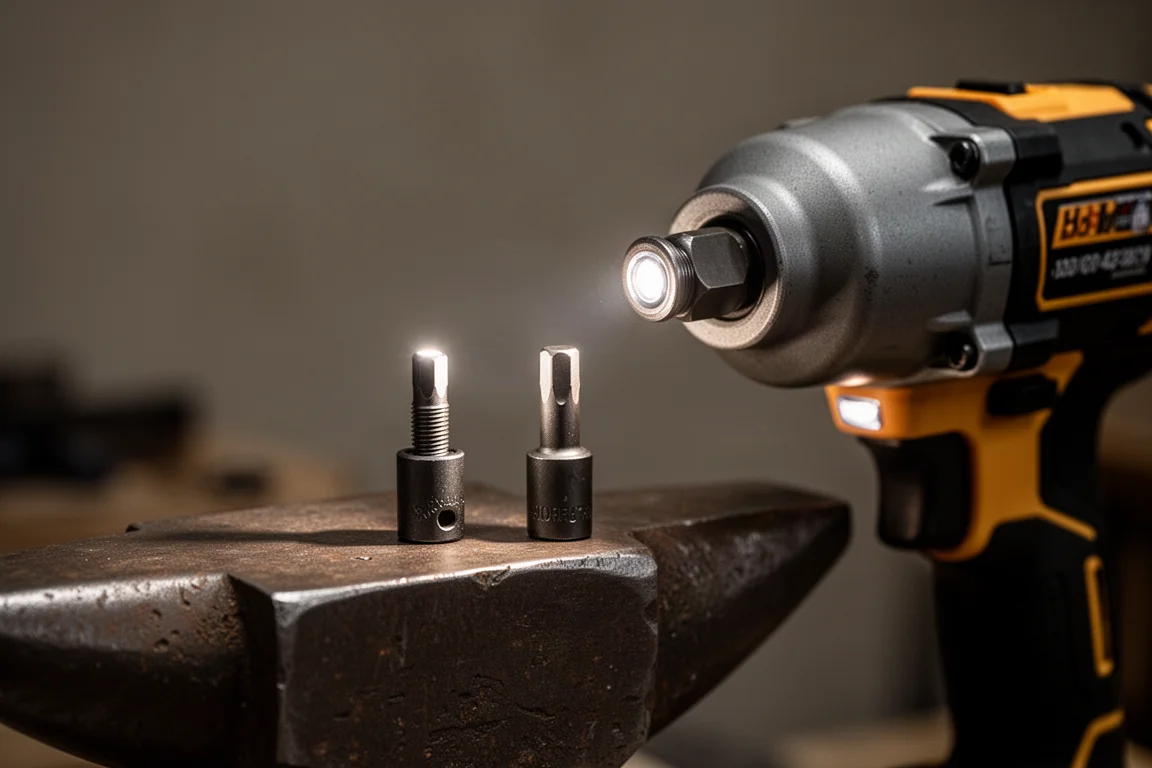 Tres luces LED iluminando alrededor del yunque de un impact wrench en un taller oscuro