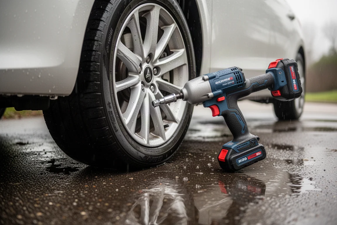 Impact wrench aflojando una tuerca de rueda de coche en una entrada mojada tras la lluvia