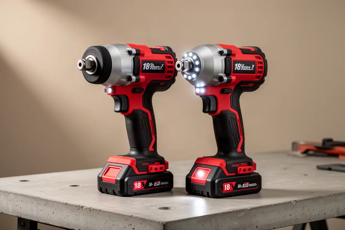 Two Milwaukee-style 18V high torque impact wrenches side by side on a concrete workbench