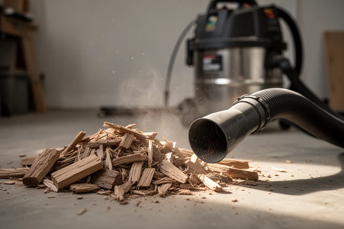 Akkusauger-Powerkopf mit einer großen Menge Holzspäne auf dem Boden