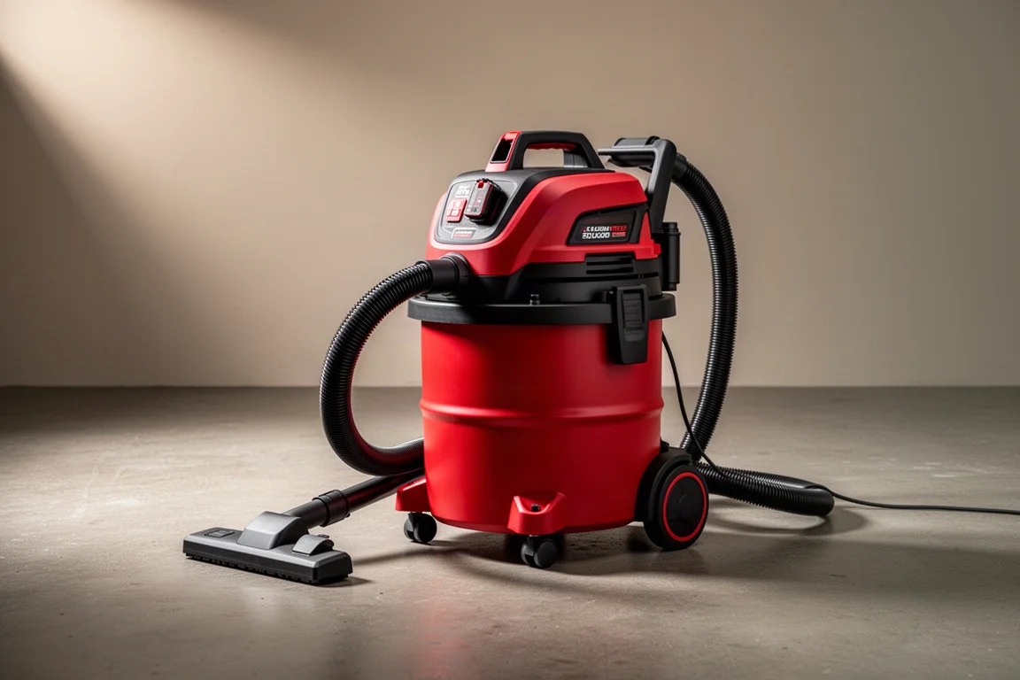 Red and black cordless wet/dry shop vacuum on a concrete workshop floor