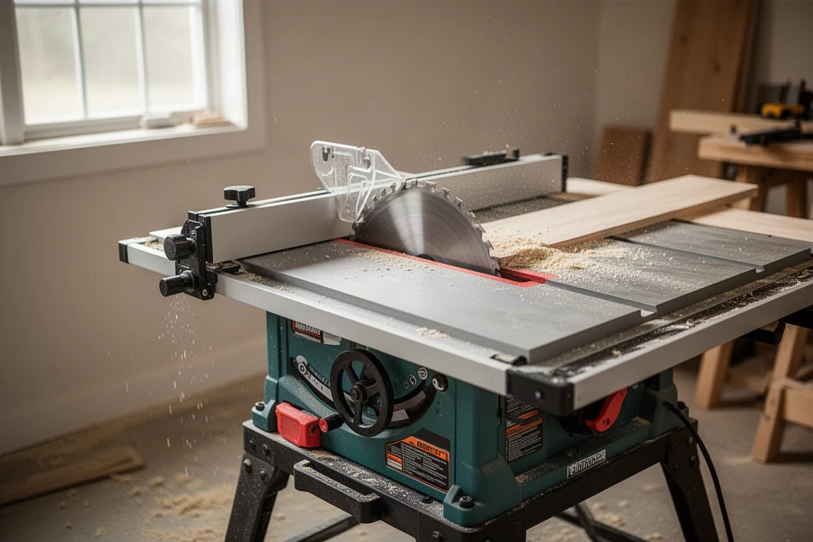 Scie à table d'atelier entourée de fine sciure de bois après une coupe