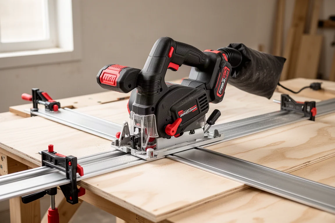 Cordless plunge track saw seated on a guide rail in a workshop setting
