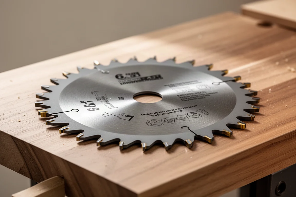 Close-up of a 6.5-inch circular saw blade with carbide tips on a workbench