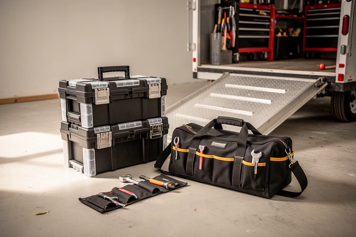 Stacked modular tool boxes and a guide rail bag ready for a job site