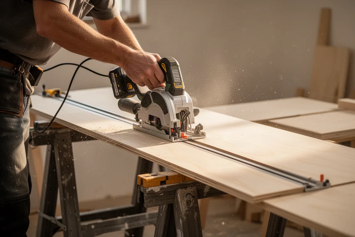 Carpenter making a long straight plunge cut in sheet goods on a track
