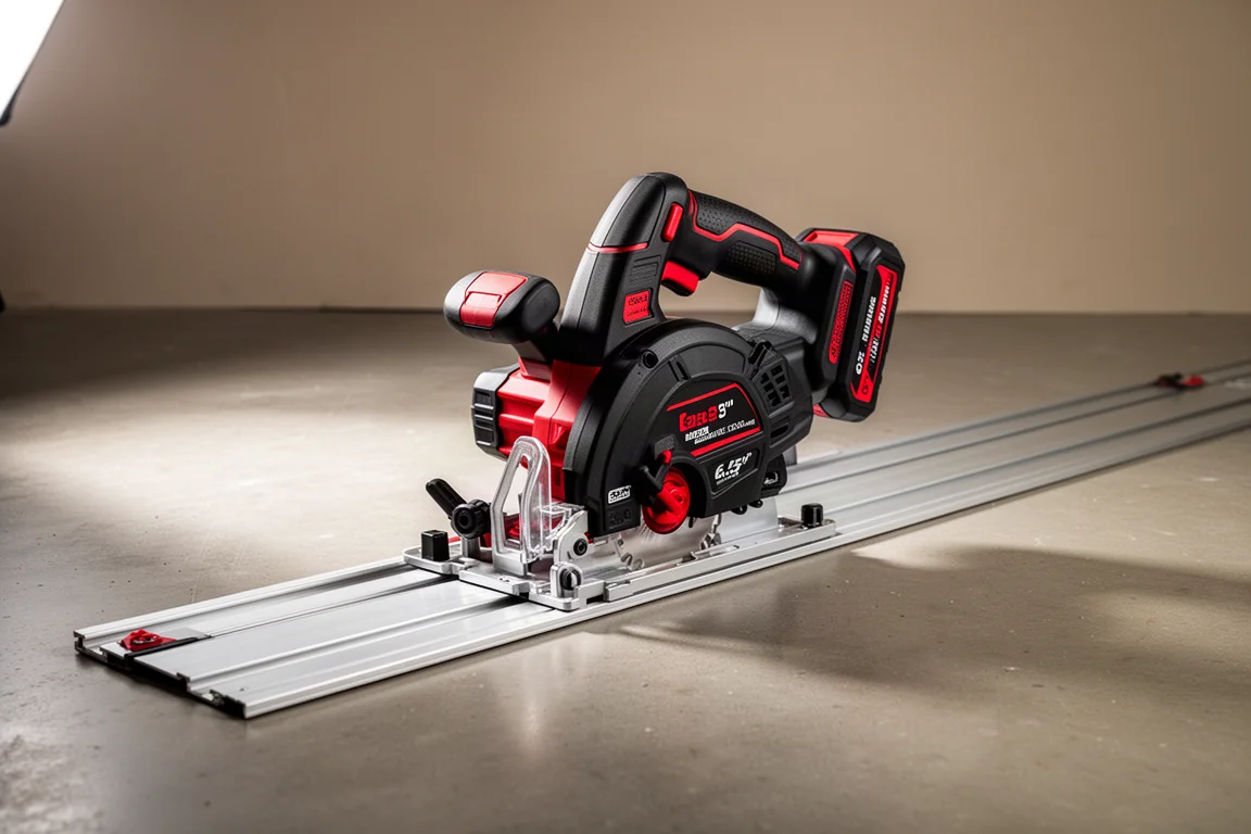 Cordless plunge track saw on a guide rail against a neutral workshop backdrop