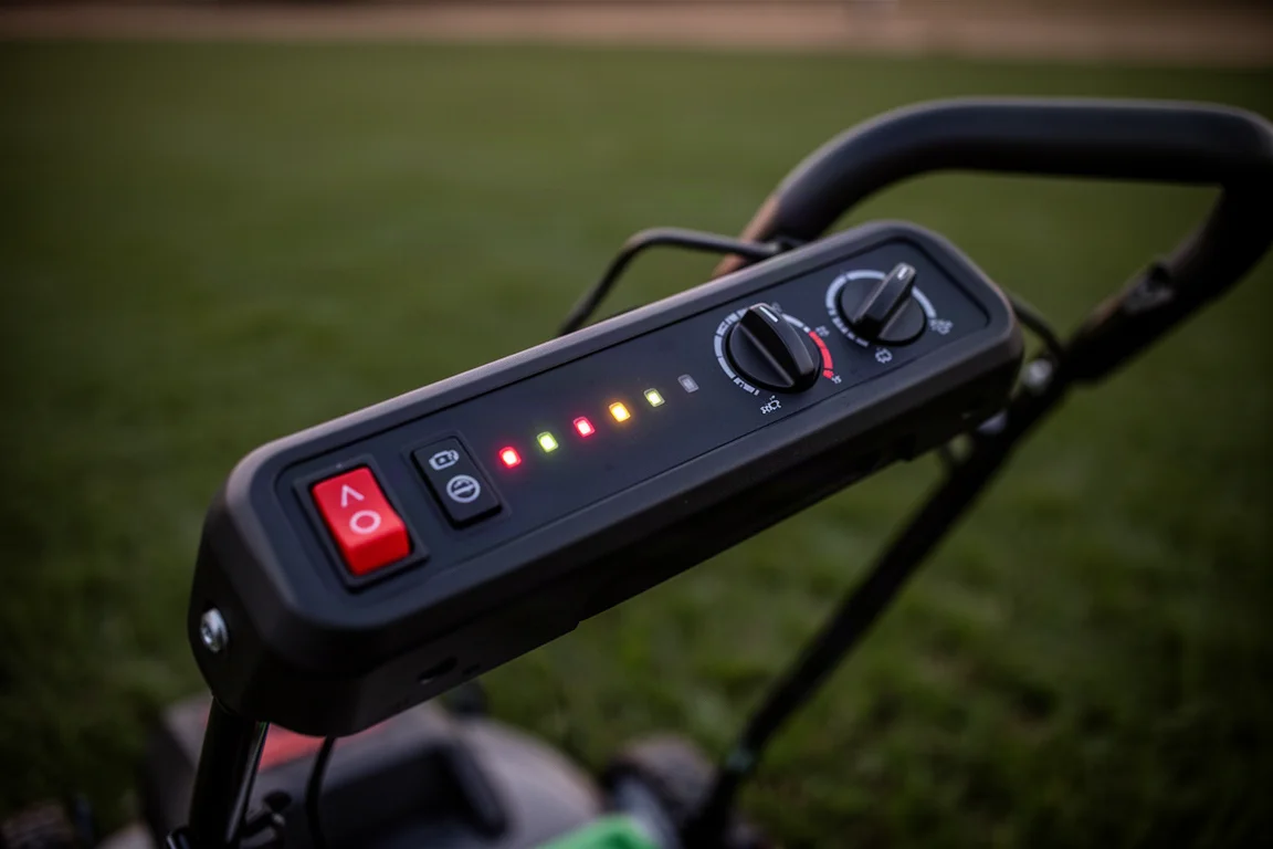 Batteriestandanzeigen leuchten am Bedienfeld eines Mähergriffs