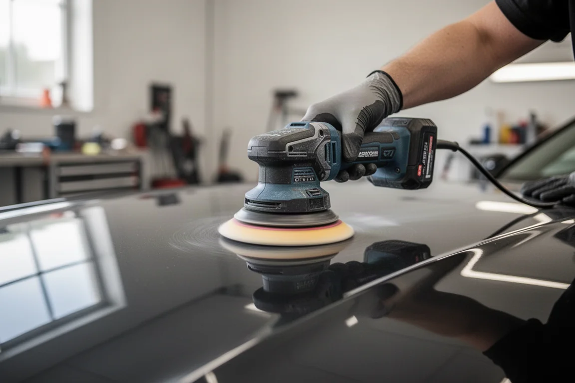 Detailer die een donker carrosseriepaneel polijst met een accupolisher in een werkplaats