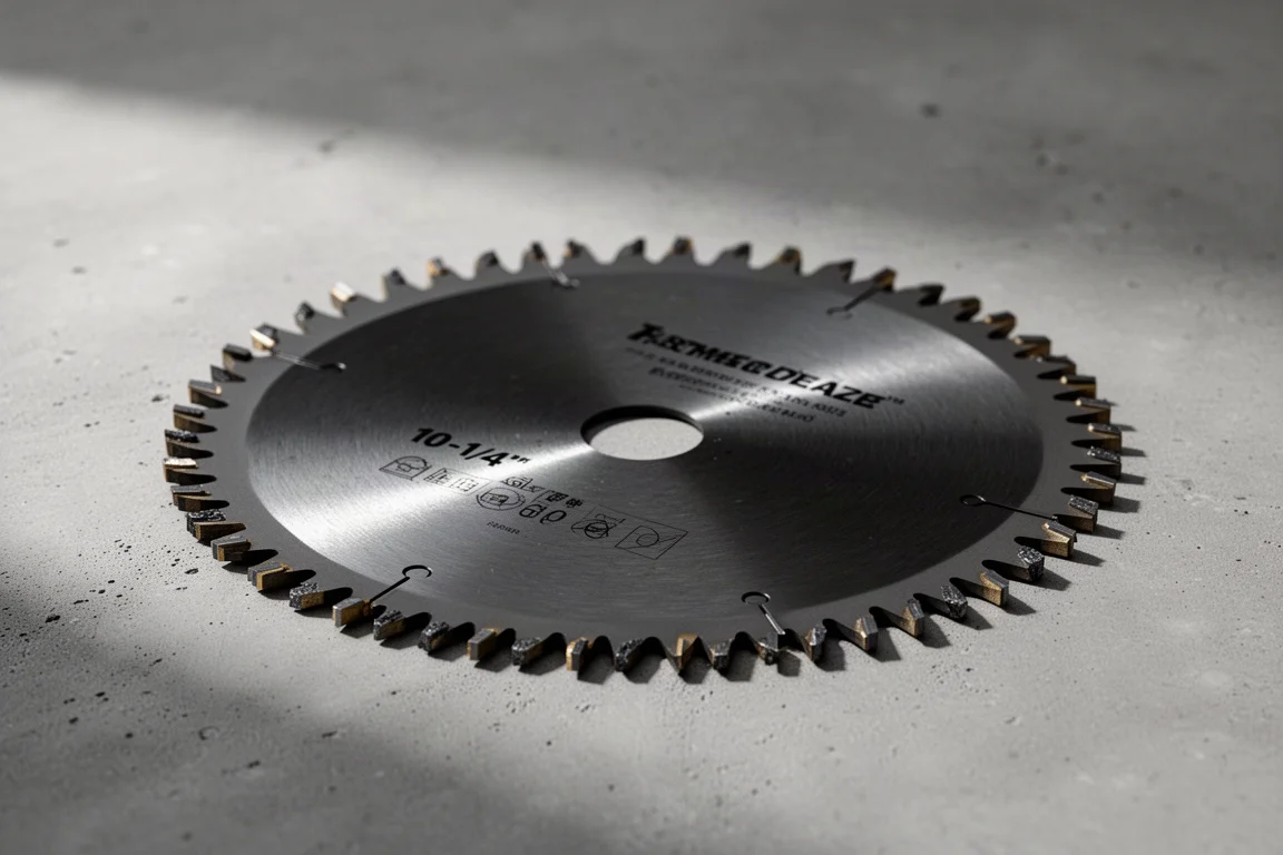 Close-up van een snijblad met hardmetalen punten op een betonnen ondergrond
