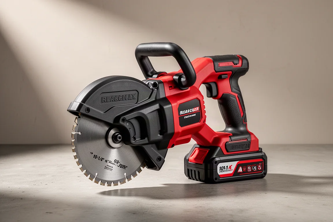 Cordless rebar cutter power tool with circular blade on concrete surface