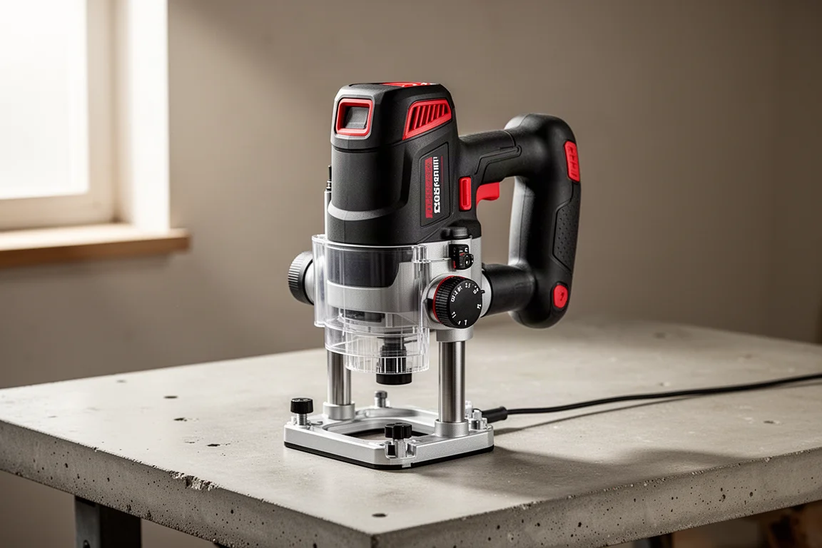 Milwaukee M18 Fuel 無線深調修邊機放置於混凝土工作檯上