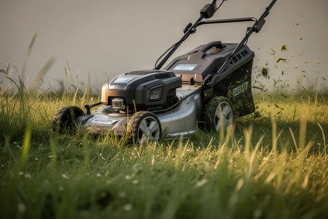 Self-propelled mower cutting through tall overgrown grass in bright daylight