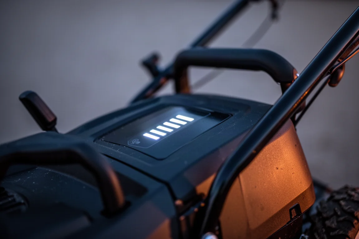 Mower control panel with LED indicators glowing in low evening light