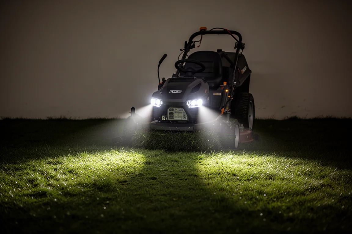 LED lights on the mower deck casting beams onto grass in darkness