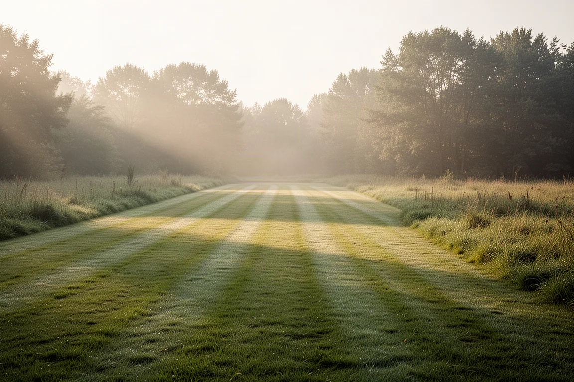 Freshly cut lawn stripes stretching into the distance after a heavy mow