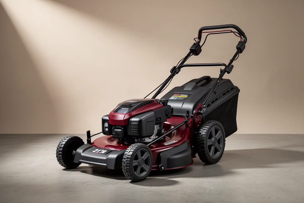 Milwaukee M18 Fuel 自走式電池割草機置於素色攝影棚背景前