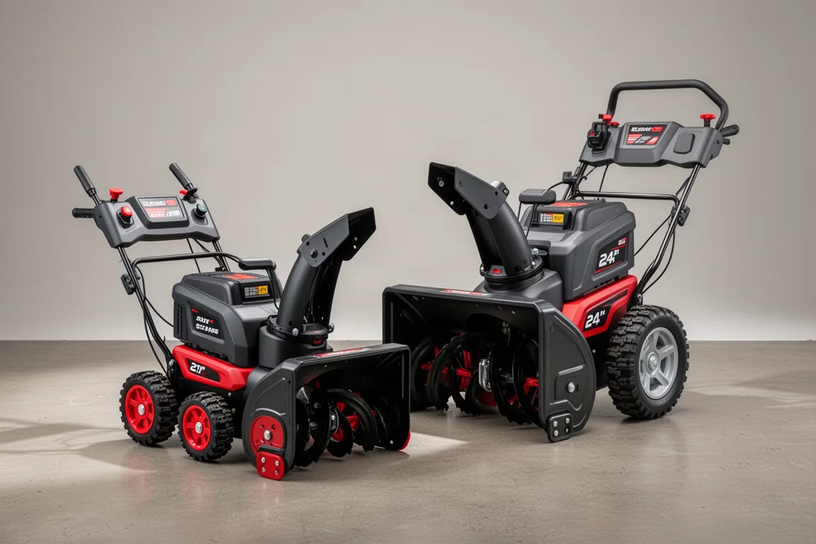 Two battery-powered snow blowers side by side on a concrete studio surface