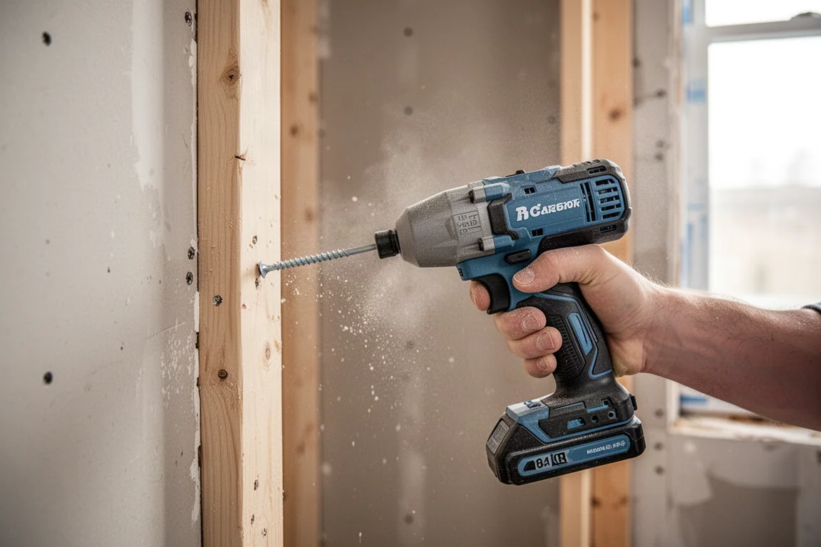 Compact cordless impact driver driving a drywall screw into a stud on a job site