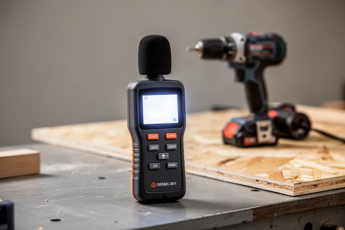 Sound level meter reading noise levels during a fastener driving test