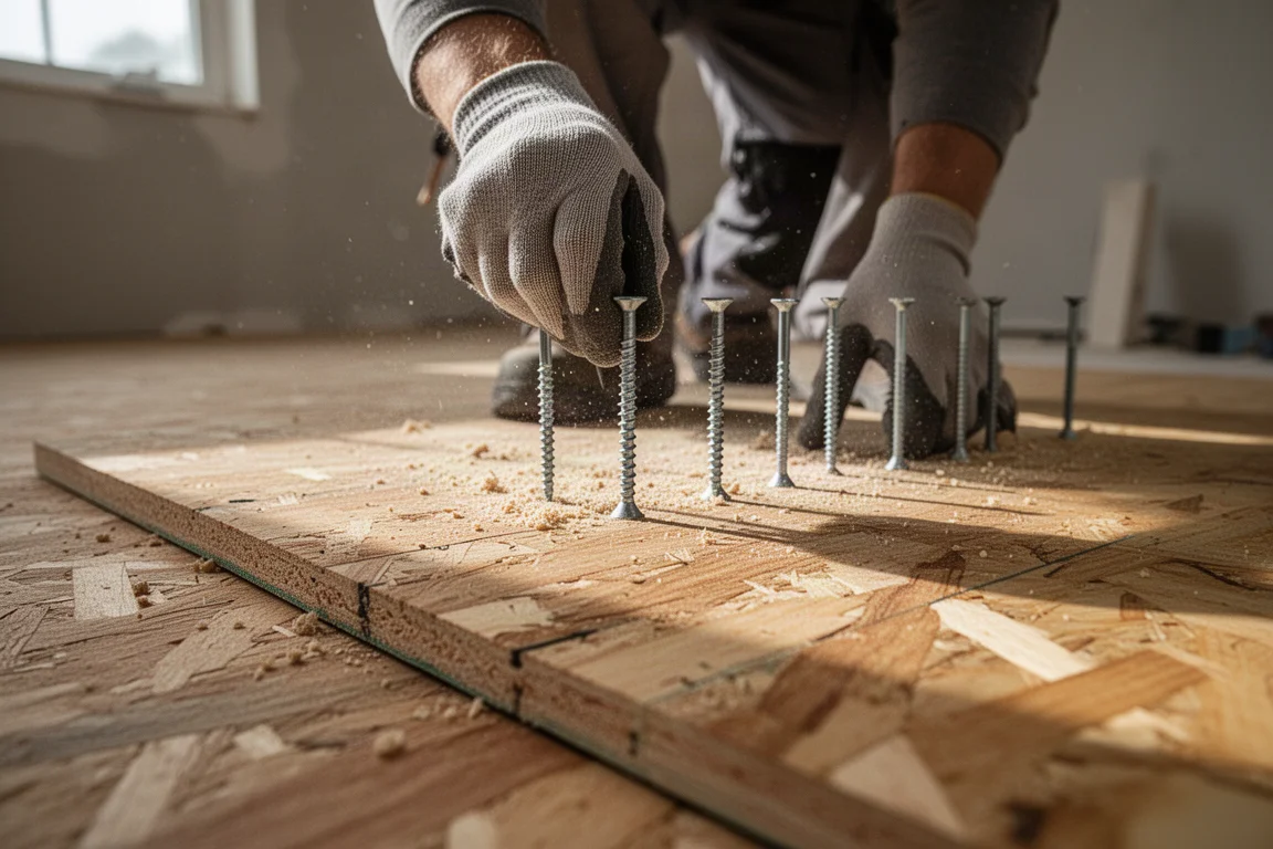 Worker driving long structural screws into a subfloor in a renovation setting