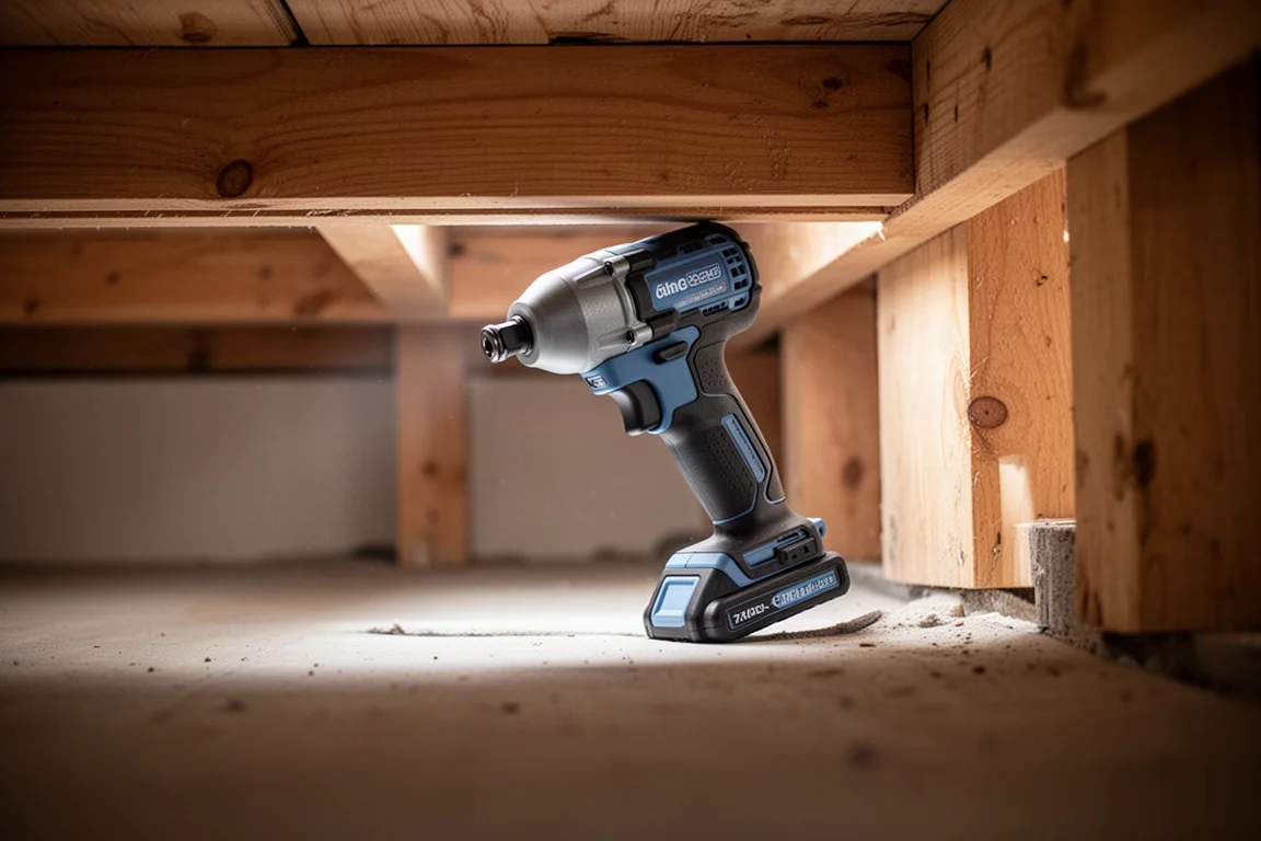 Compact impact driver being used inside a tight cabinet space between joists