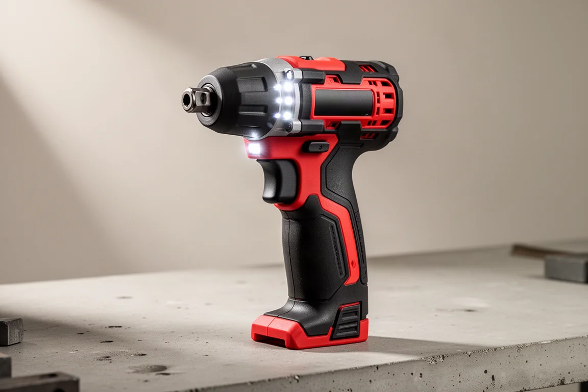 Compact cordless hydraulic impact driver standing on a concrete workbench