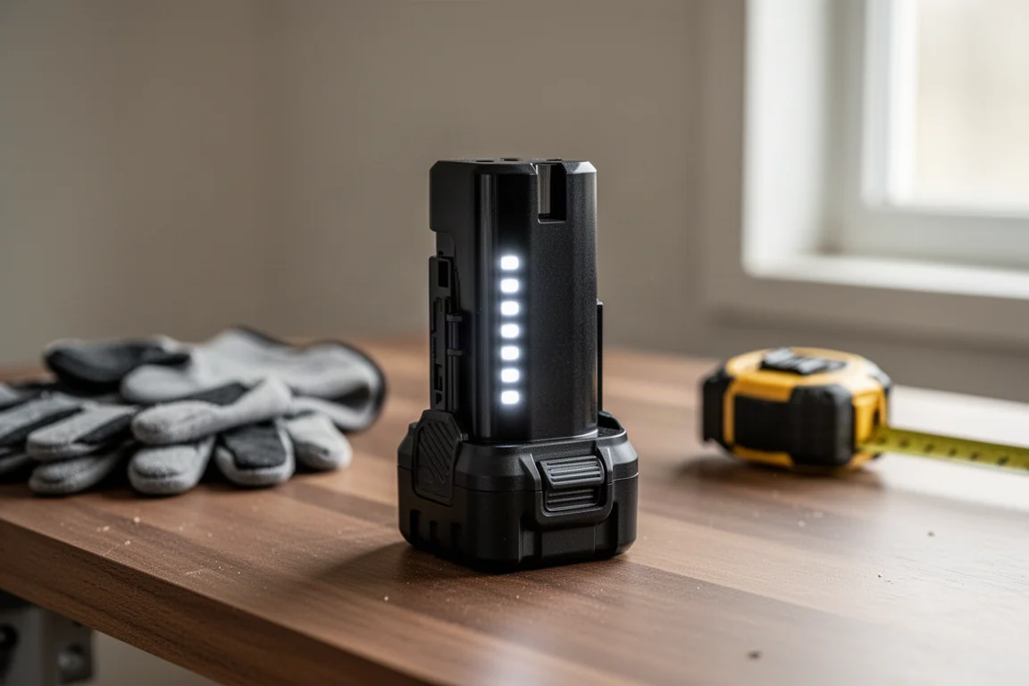 Batteria della motosega a batteria appoggiata su un banco di lavoro con barre degli indicatori visibili