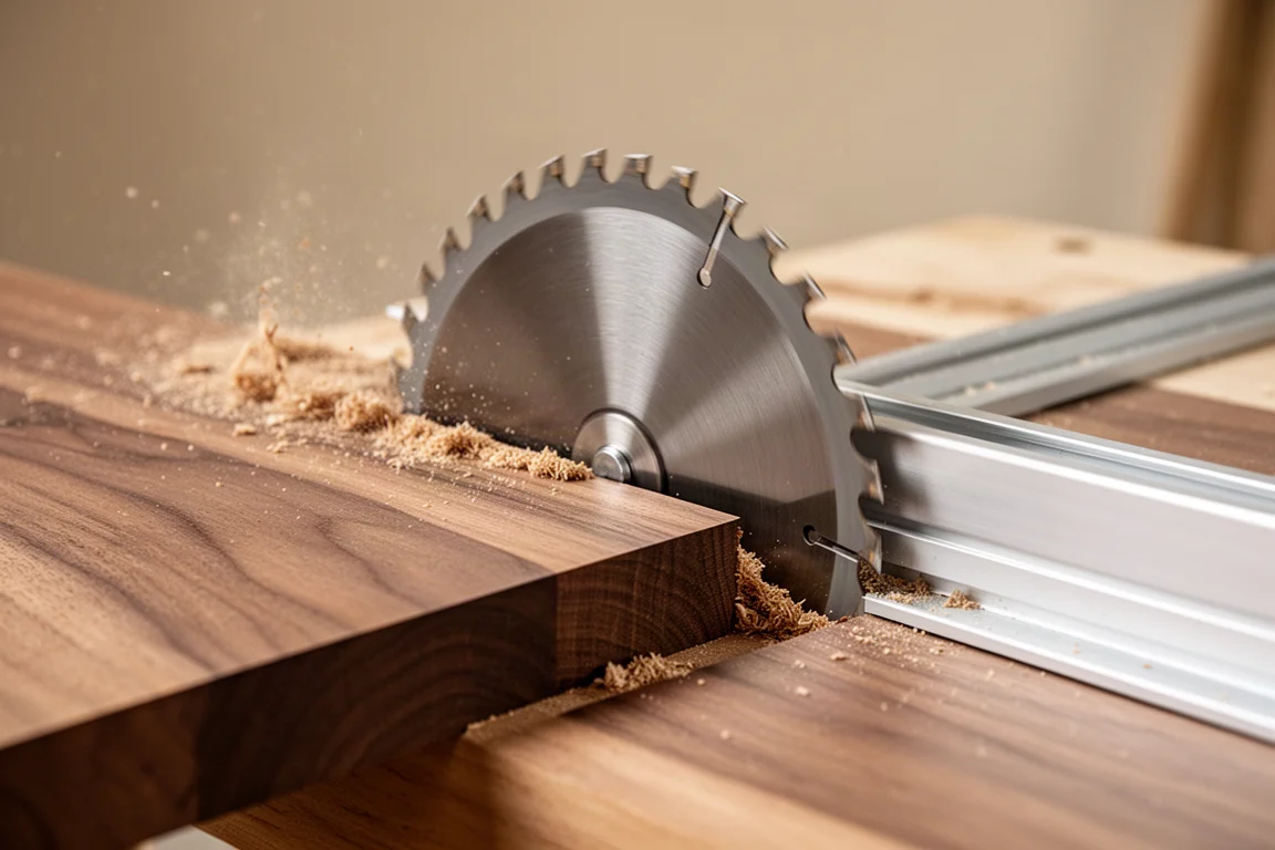 Track saw blade cutting cleanly through a thick hardwood board