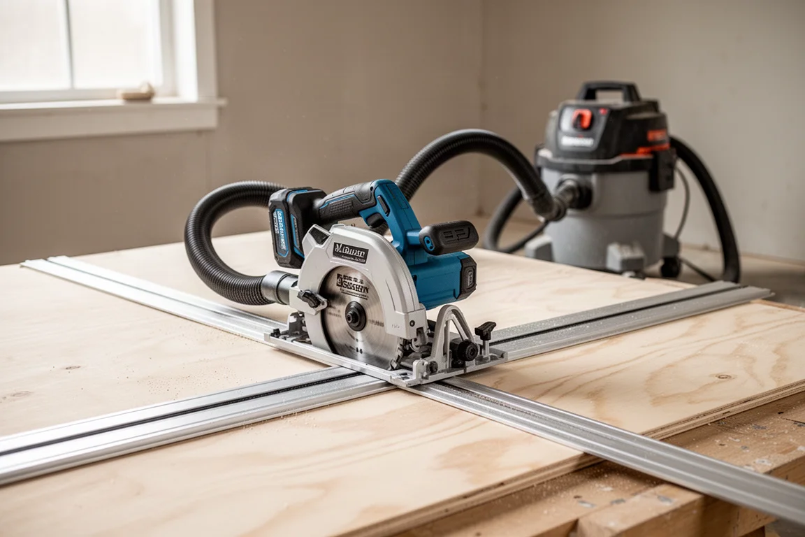 Track saw connected to a wet dry vac for dust collection