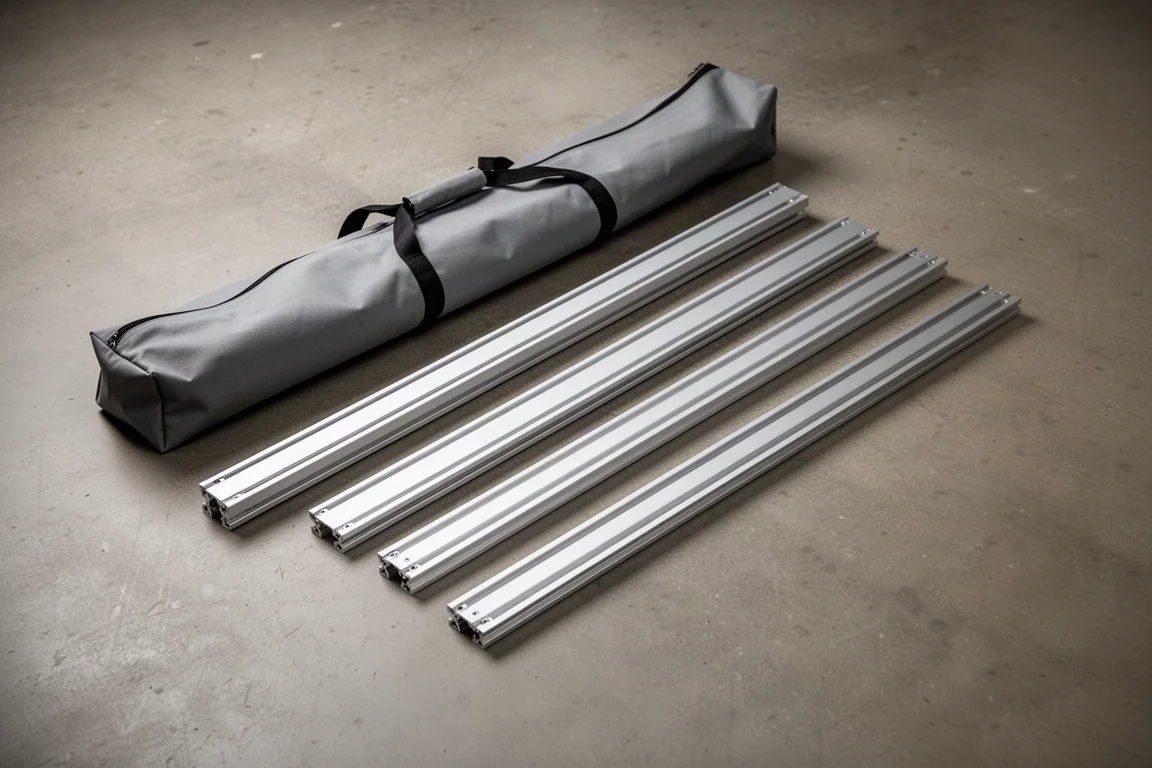 Guide rails and carrying bag laid out in a workshop
