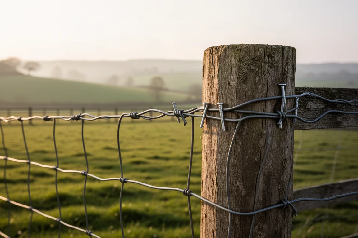 Wire fence being stapled to a wooden post in an open paddock