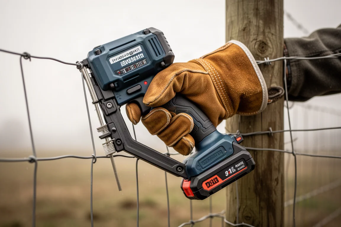 Gloved hands holding a cordless stapler against a fence post