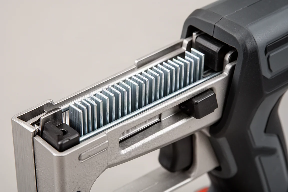 Stapler magazine open showing staples loaded along the track
