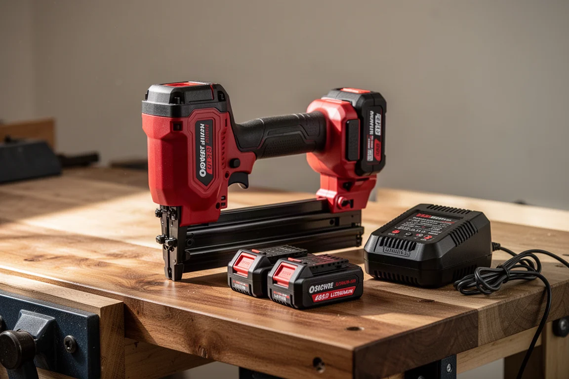 Cordless stapler and battery kit laid out on a workshop bench