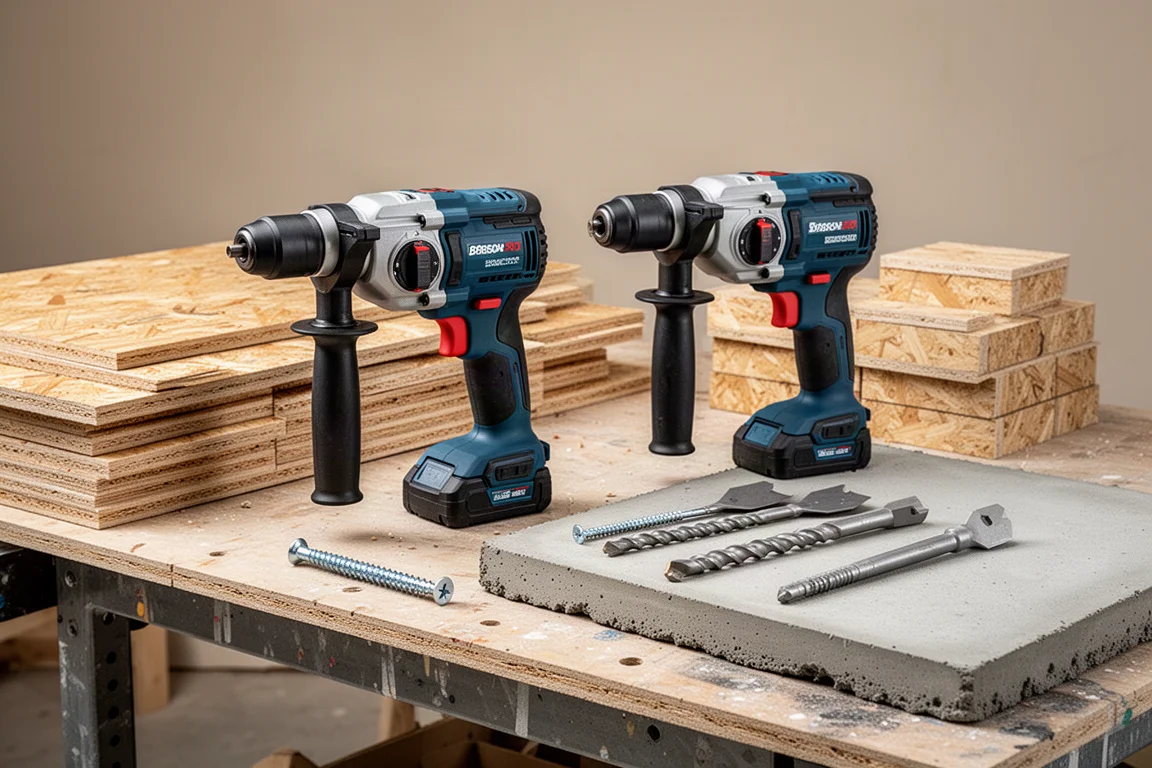 Deux perceuses à percussion sur un établi avec des blocs de test en bois et en béton