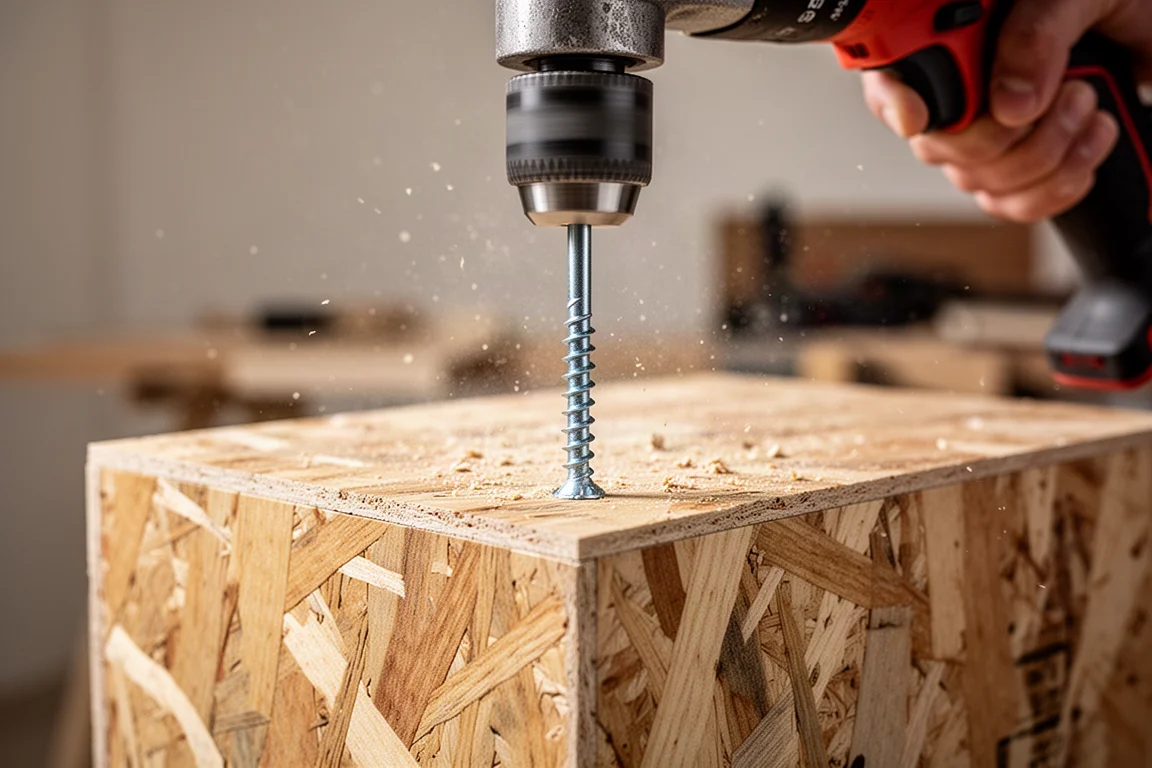 Gros plan d'une perceuse à percussion vissant une vis structurelle dans un bloc de bois