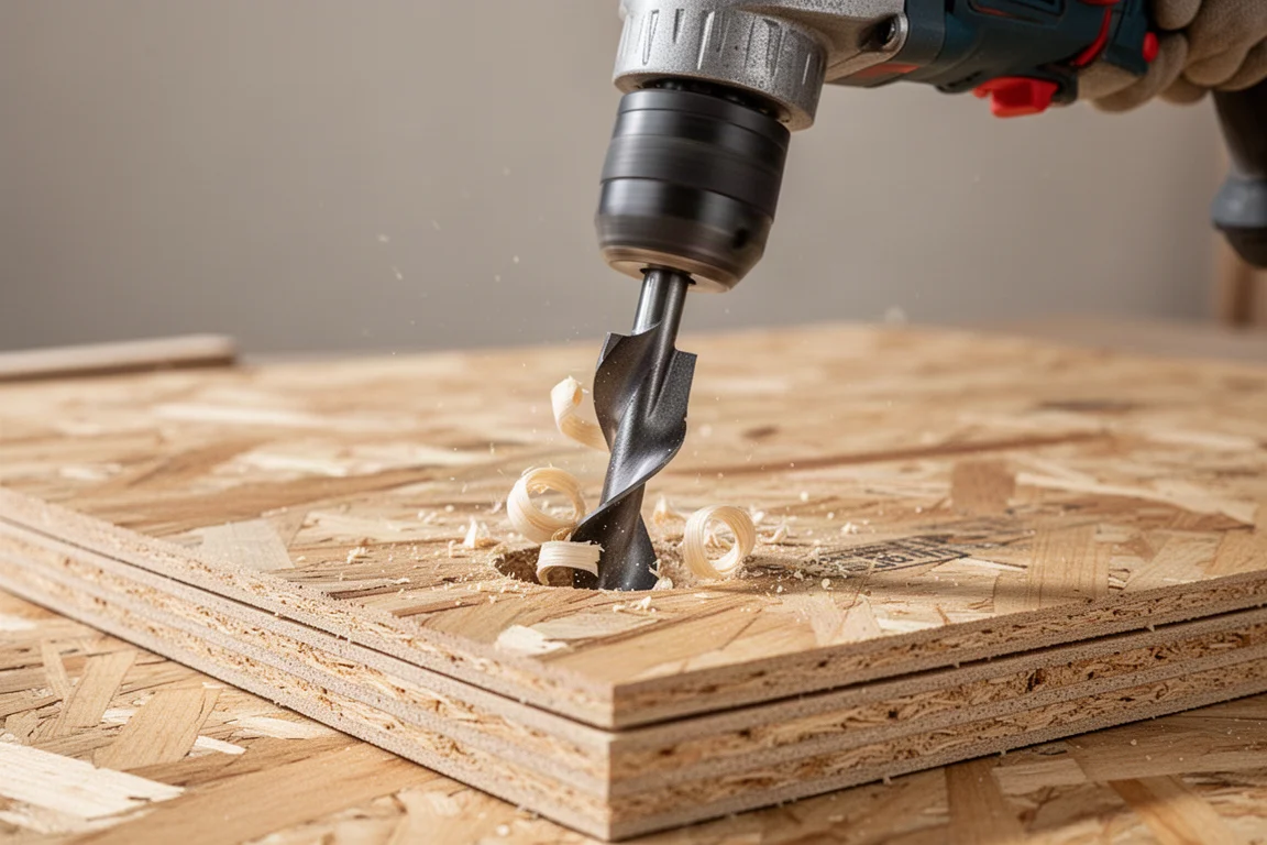 Perceuse à percussion perçant un sous-plancher en OSB empilé avec une mèche à cuillère auto-alimentée