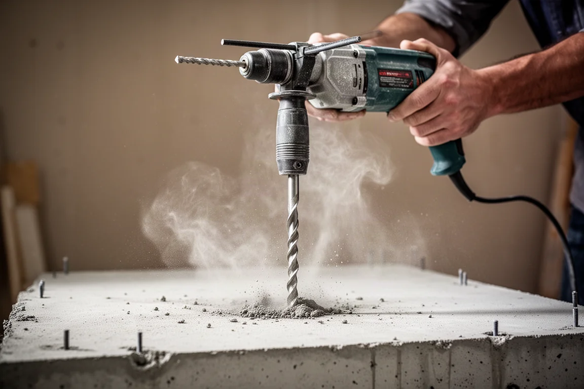 Perceuse à percussion perçant une dalle de béton durci avec de la poussière qui s'élève