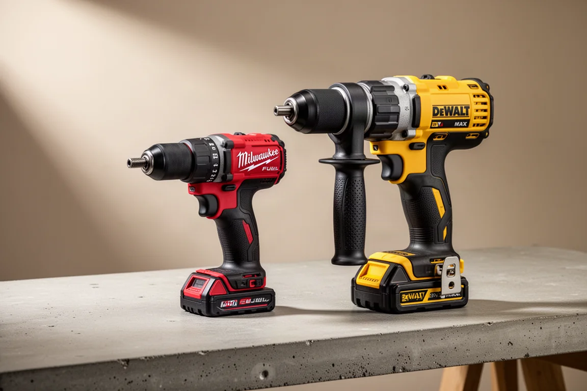 Perceuses à percussion Milwaukee M18 Fuel et DeWalt DCD1007 côte à côte sur un établi