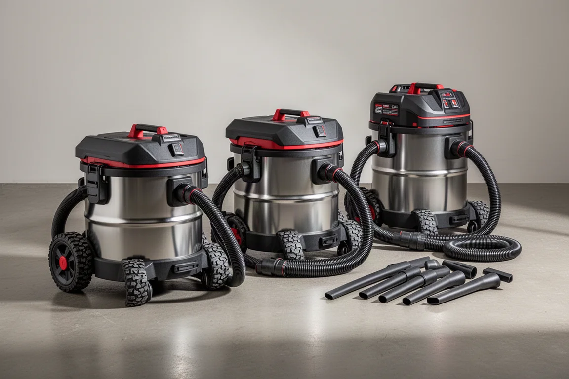 Three cordless wet/dry vacuums of increasing size on a concrete floor with vacuum accessories