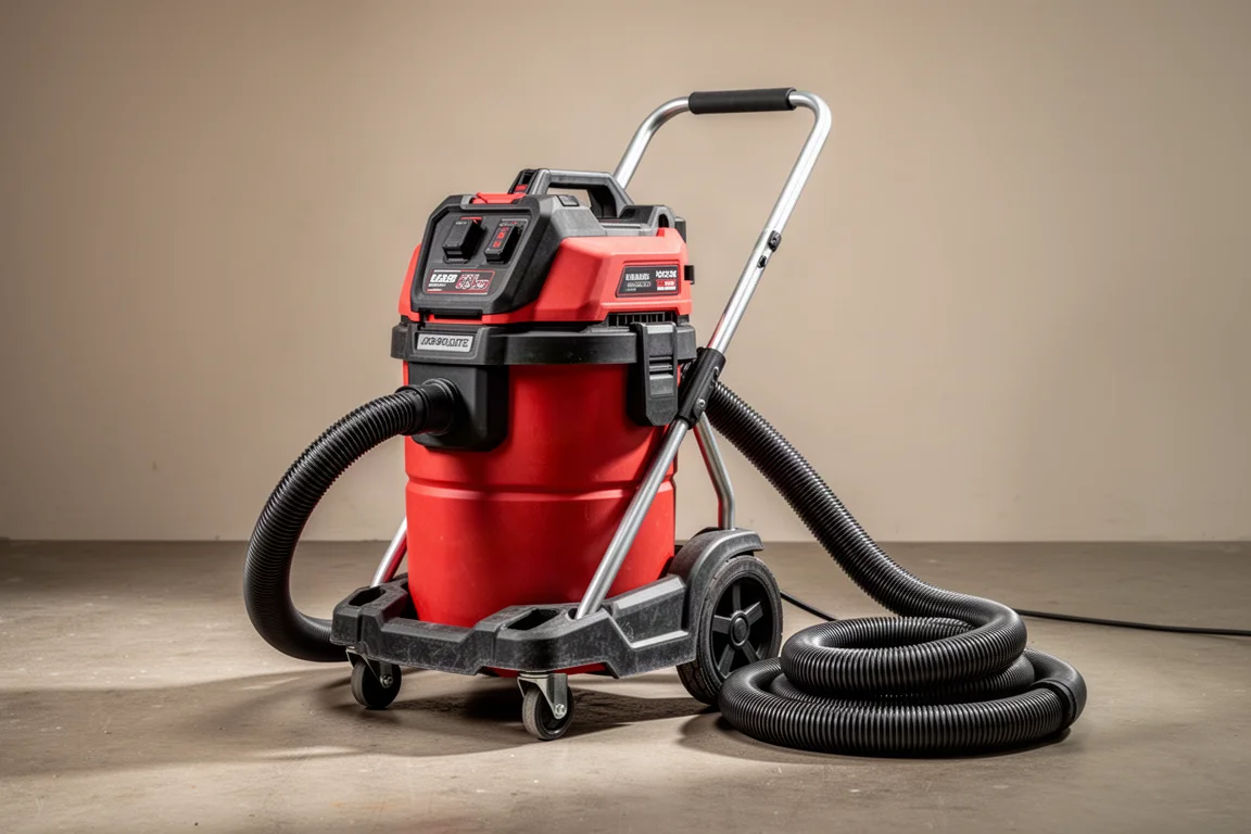 Large red cordless wet/dry vacuum on a trolley base with wide hose coiled beside it