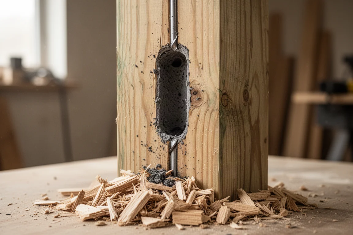 Agujero profundo hecho con broca de barrena en un poste de madera de seis por seis