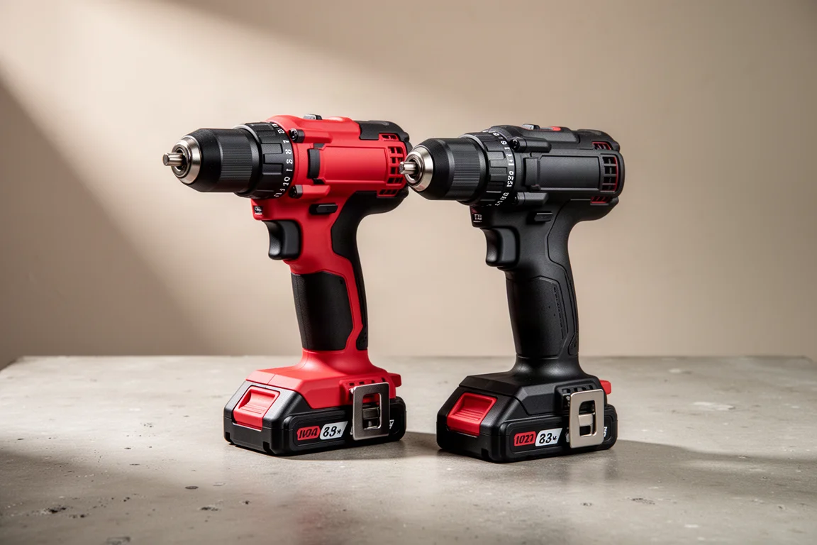 Two cordless hammer drills side by side on a concrete workshop surface
