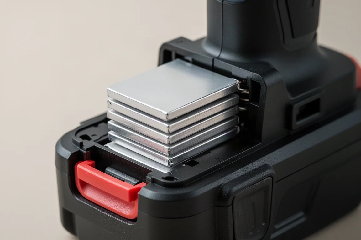 Primo piano di una batteria stacked lithium con celle piatte