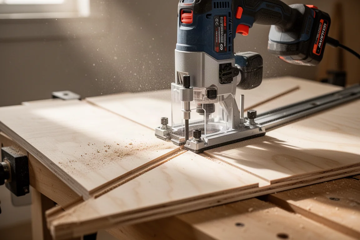 Router a pressione che intaglia una scanalatura pulita in una tavola di legno